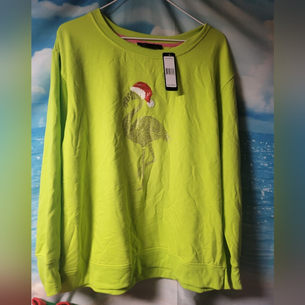 Jane‎ & Delancey NWT Lime Green Christmas Sweater Rhinestone Flamingo Santa